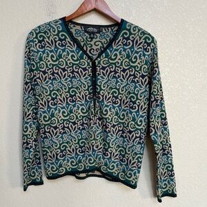 Icelandic Design Teal Green Navy Jacquard Henley Sweater M Women’s